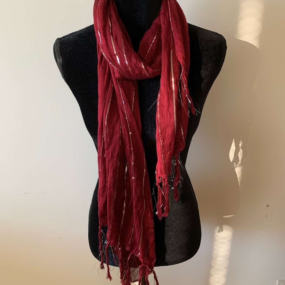 Burgundy Silver Tinsel Threaded Fashion Scarf